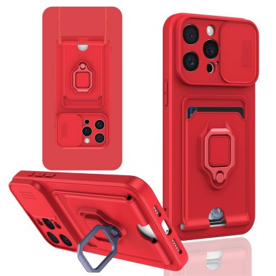 iphone 15 Pro Max Kılıf Zuma Kartvizitli Yüzüklü Silikon - Kırmızı